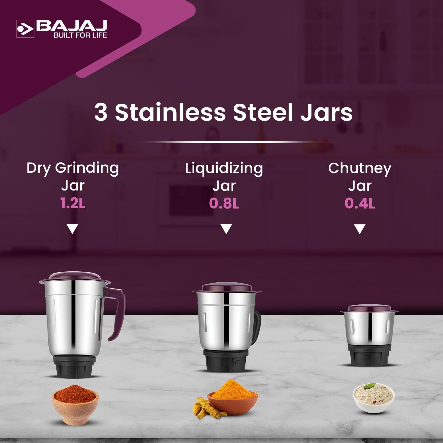 Bajaj Rex Mixer Grinder 500W | Mixie For Kitchen With Nutri-Pro Features | 3 SS Mixer Jars For Heavy Duty Grinding | Adjustable Speed Control | Multifunctional Blade System | 2 Yr Warranty - View 3