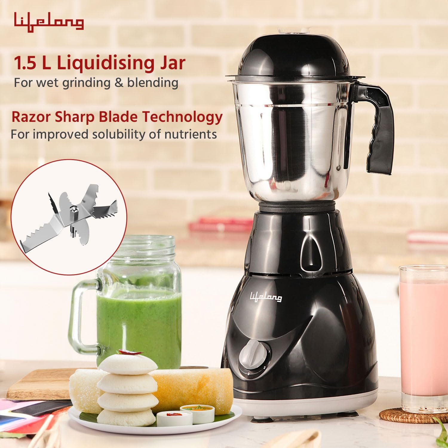 Lifelong LLMG23 Power Pro 500-Watt Mixer Grinder with 3 Jars (Liquidizing, Wet Grinding and Chutney Jar), Stainless Steel blades, 1 Year Warranty - View 8