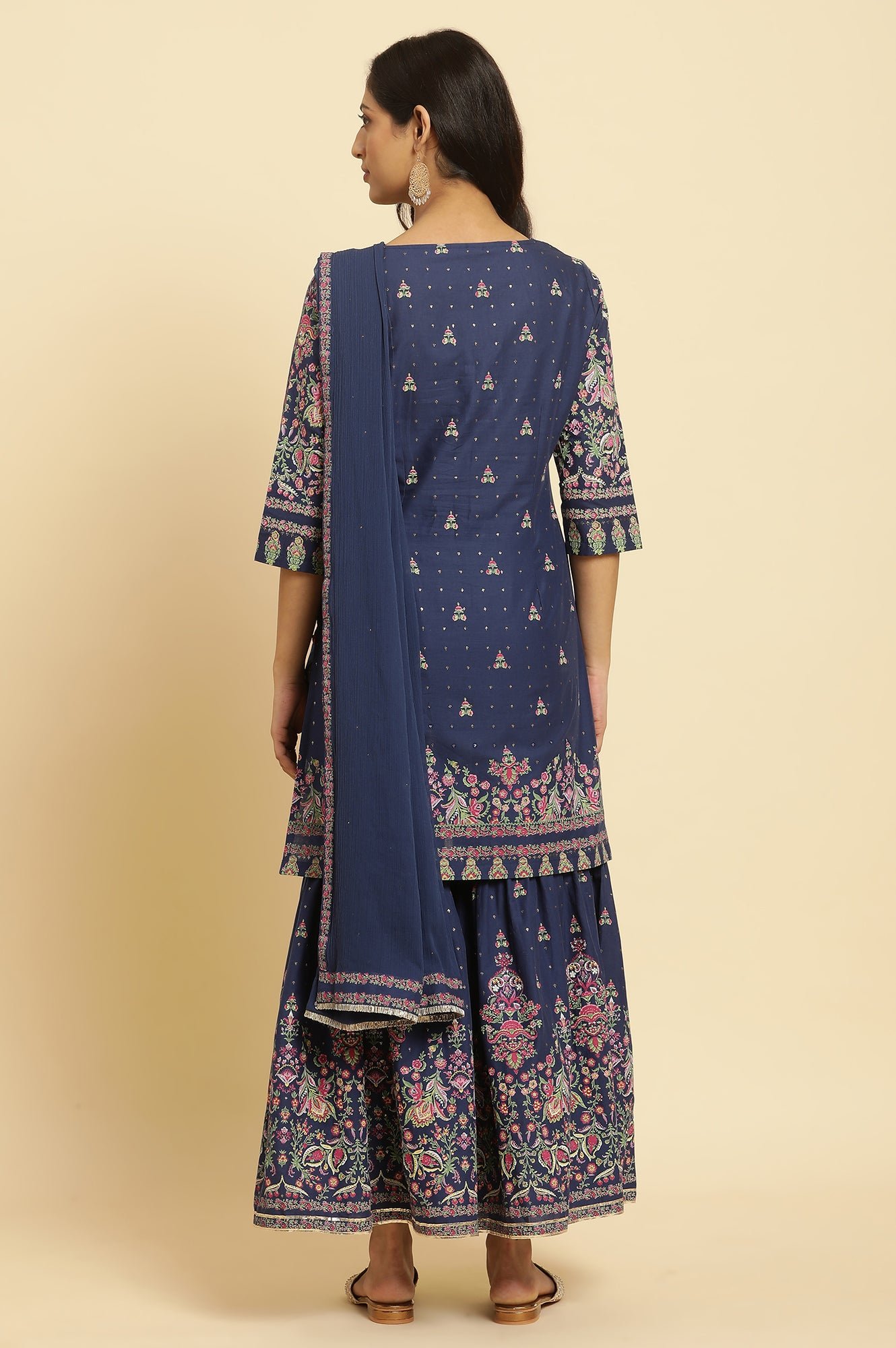 Blue Floral Printed Kurta, Sharara And Dupatta Set - Image 3