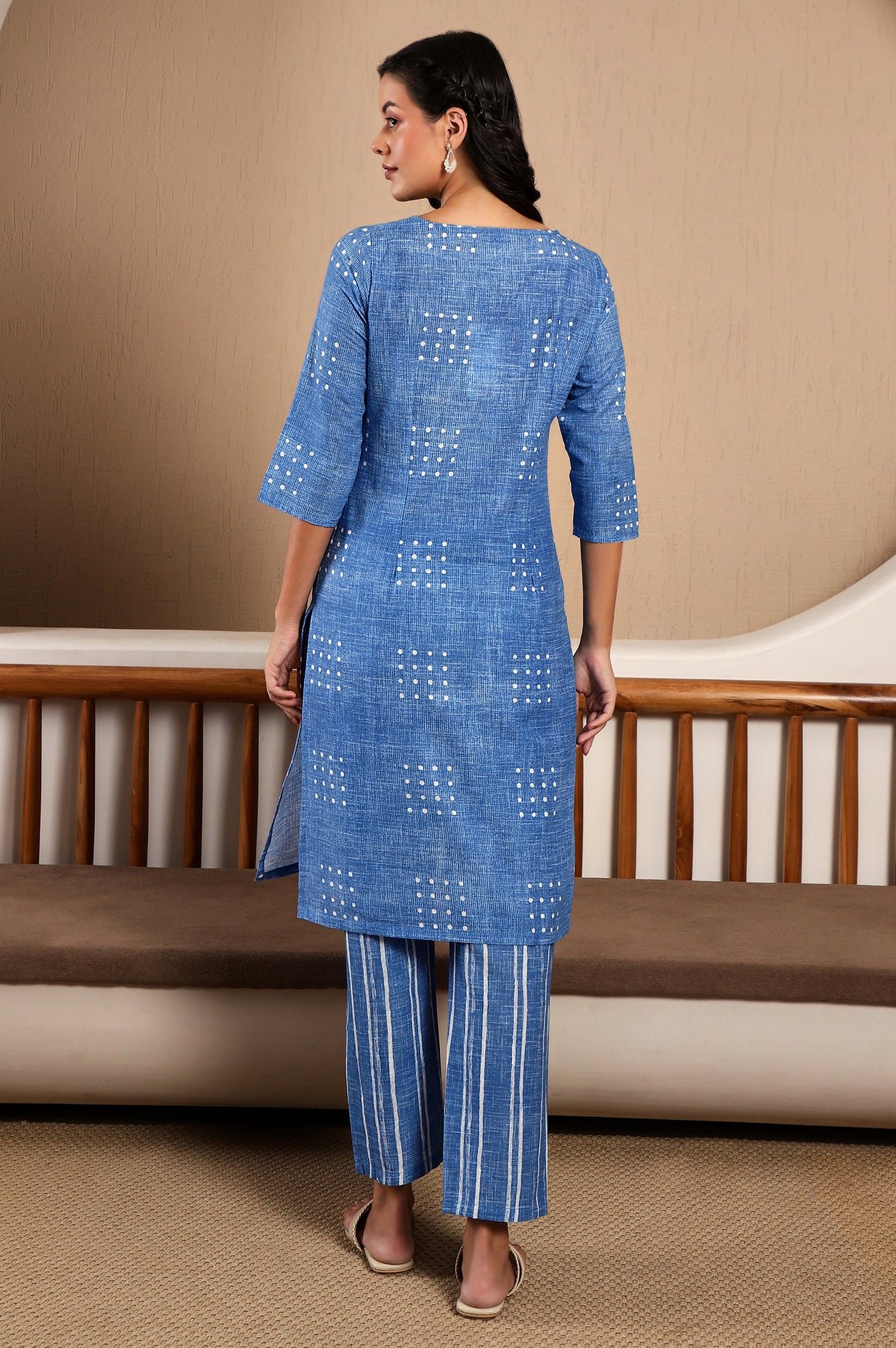 Blue Polka Dot Printed Pure Cotton Straight Kurta and Pants Co-ord Set - Image 2