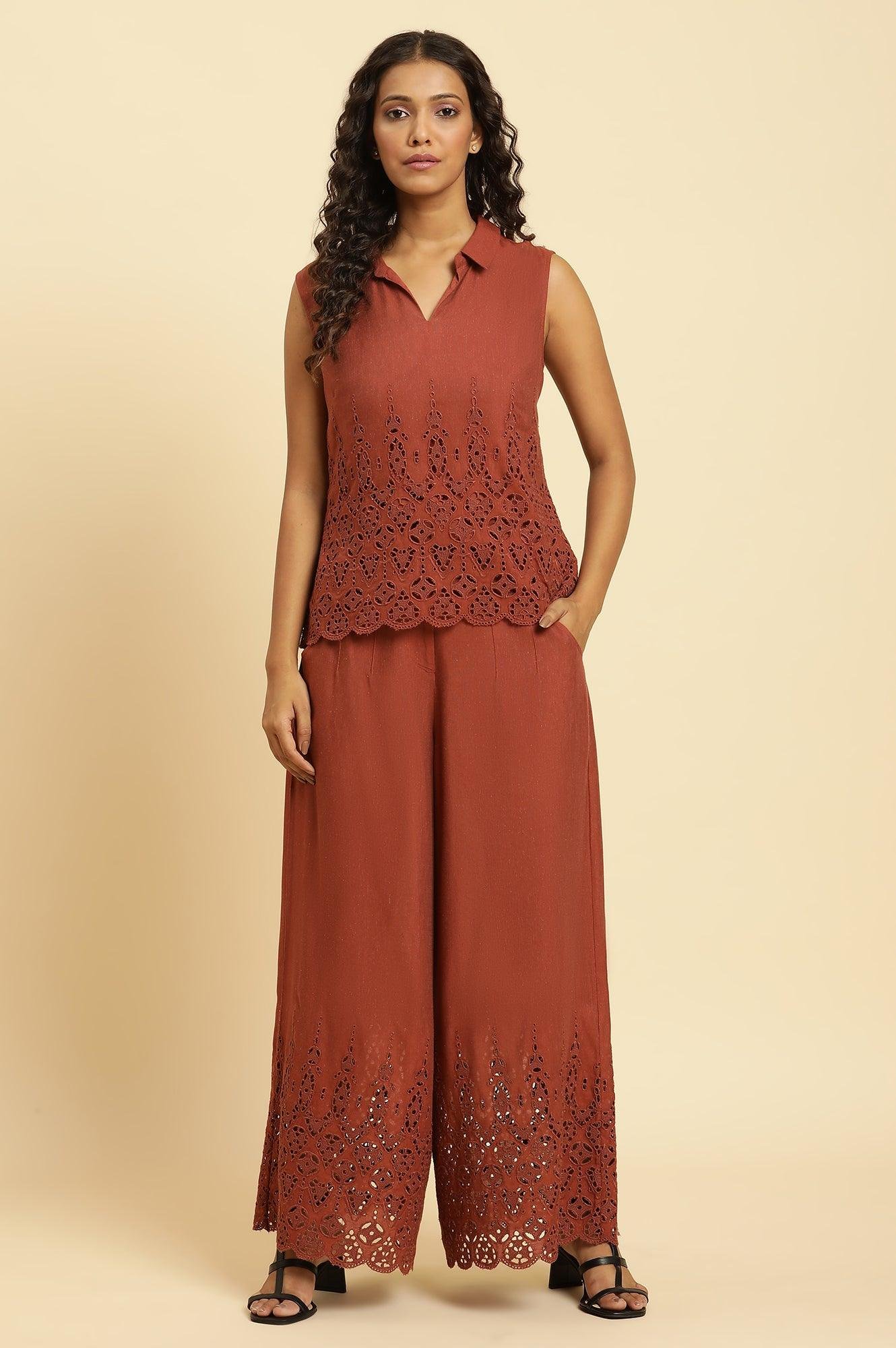 Dark Red Cotton Schiffli Top And Pants Co-Ord Set - Image 7