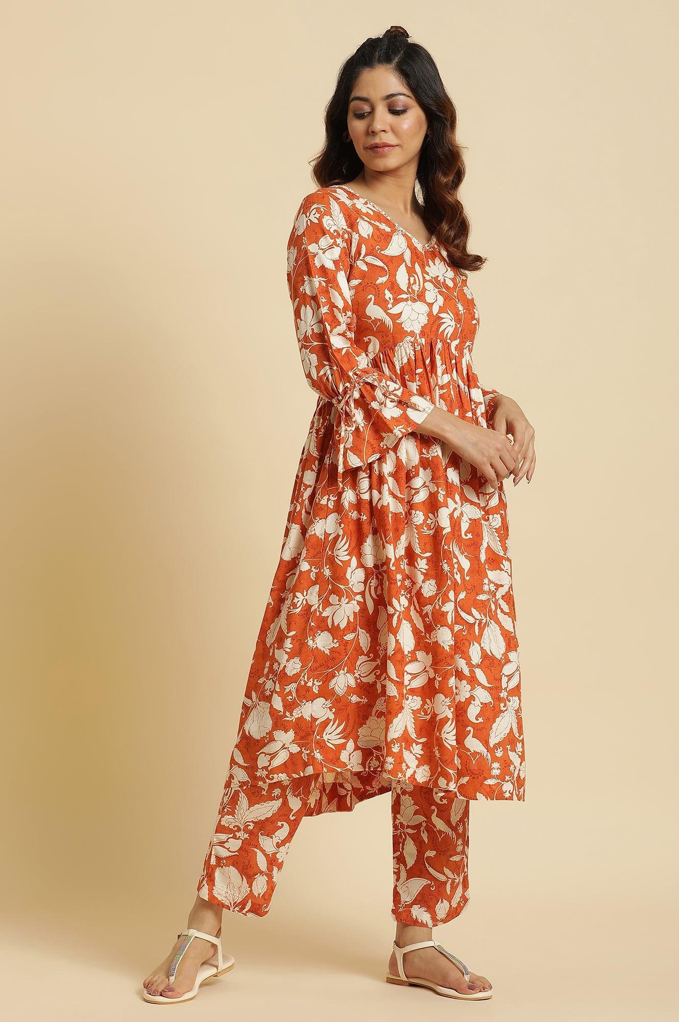 Dark Orange Floral Printed Kurta & Pants Co-Ord Set - Image 5