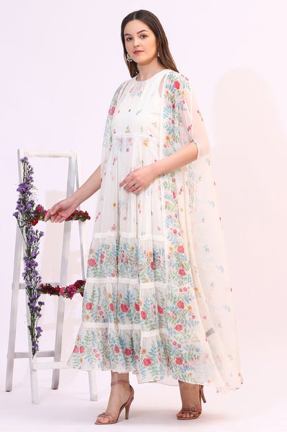 White Floral Printed Chiffon Tiered Flared Dress with Printed Cape - Image 5