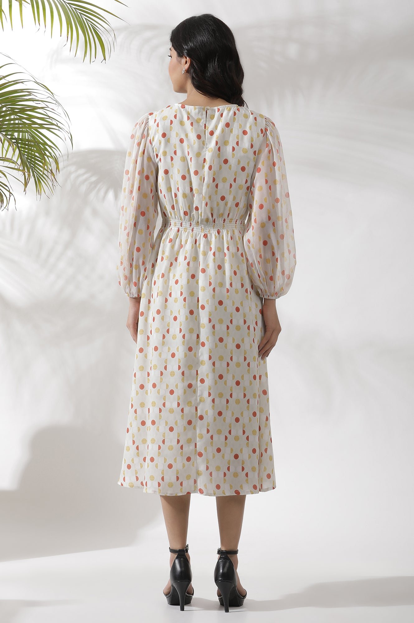 White Polka Dot Printed Gathered Western Dress - Image 8