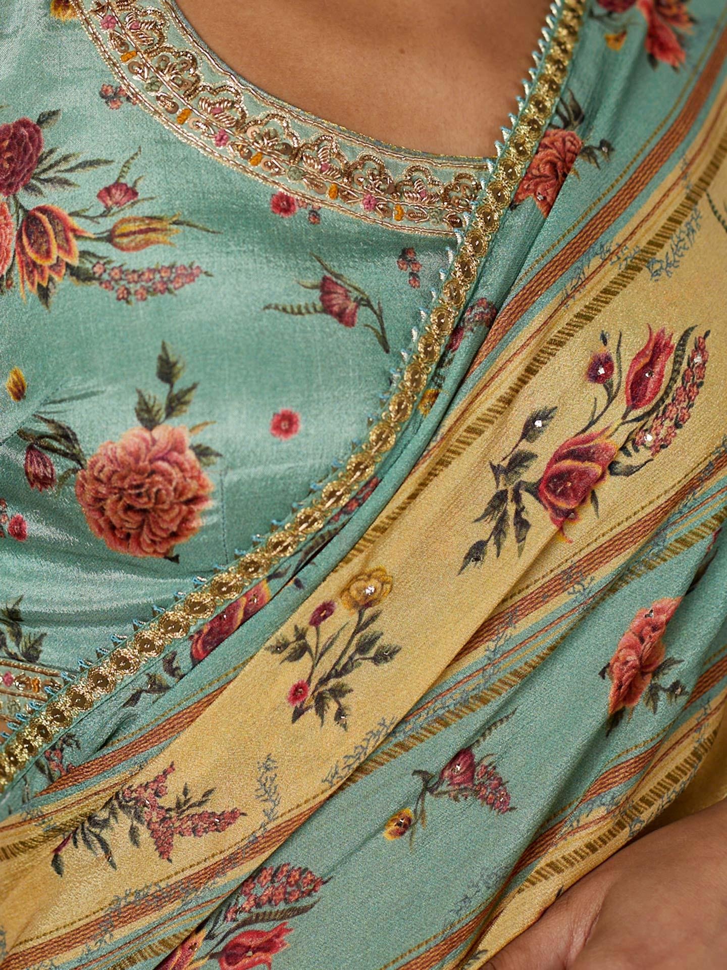 Light Teal Dahlia Saree With Unstitched Blouse - Image 3