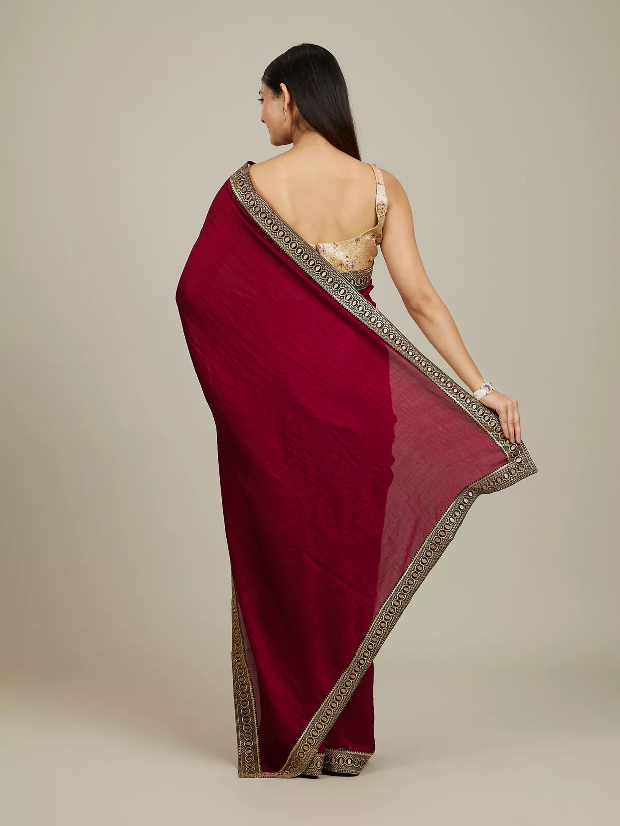 Rose Red Embroidered Border Saree - Image 4