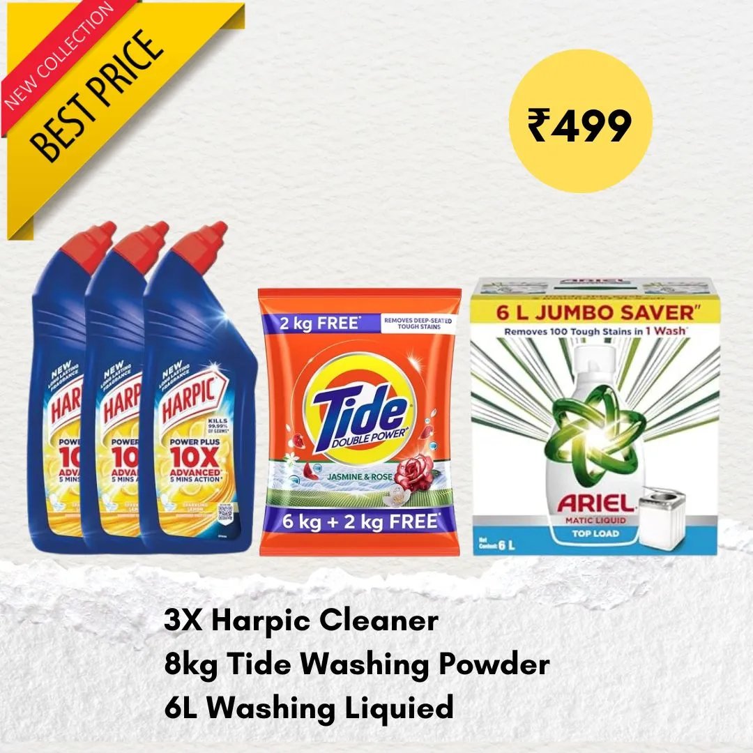 6.4L Washing liquid, 8Kg Tide Washing Powder, 3x Harpic Cleaner : Combo Deal