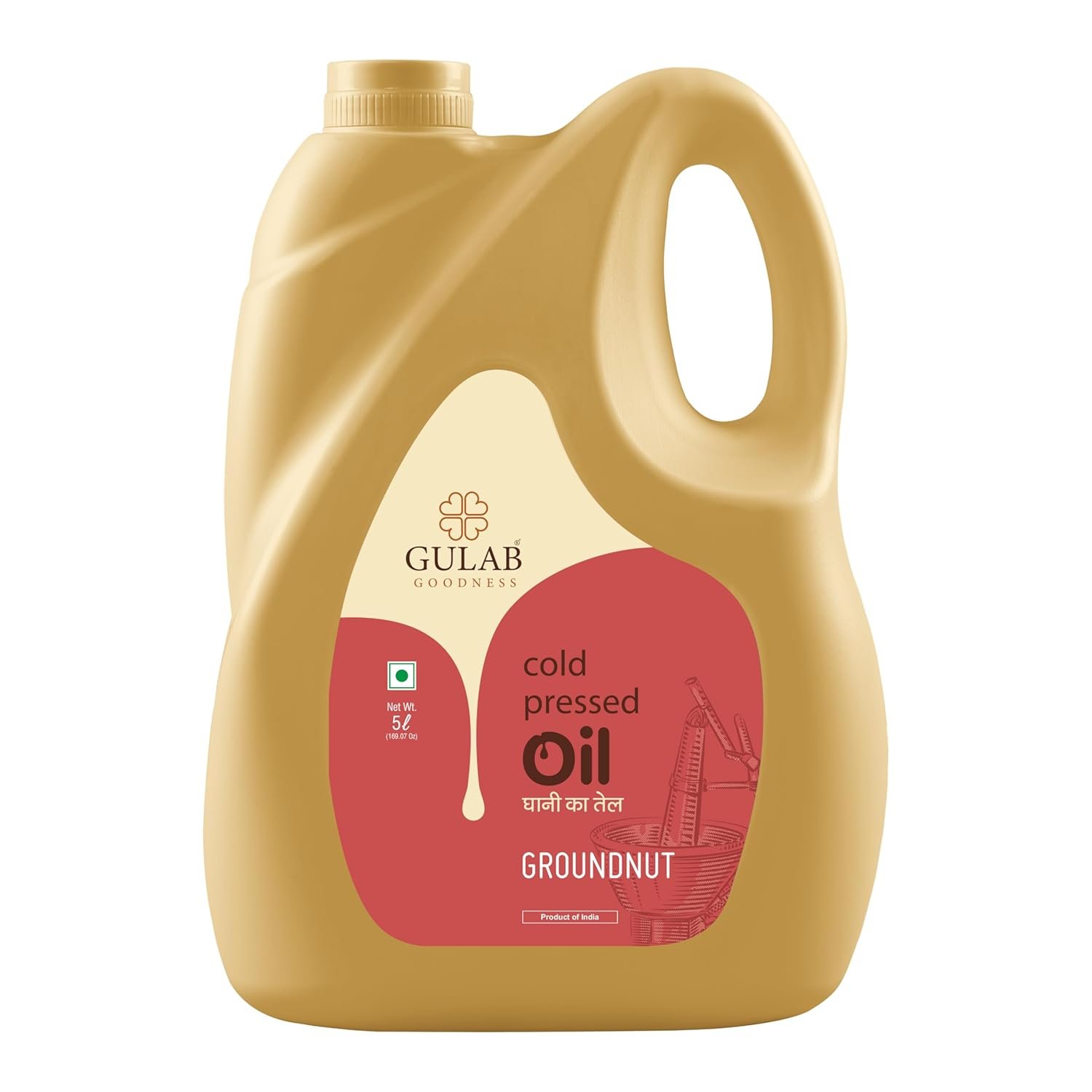 Gulab Cold Pressed Groundnut Oil - 5 Litre | Peanut Oil | Sing Tel | Kolhu/Kachhi Ghani/Chekku/Wood Pressed | Natural Cooking Oil | Chemical Free