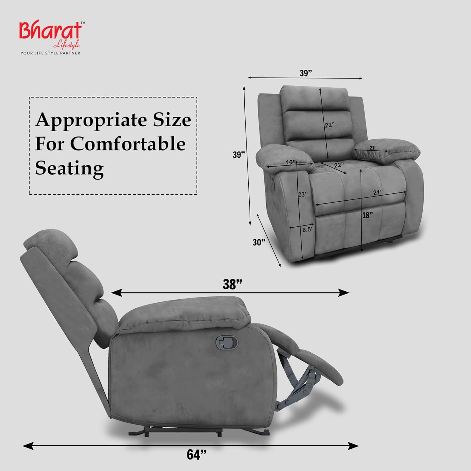 Bharat Lifestyle Austin Manual Recliner | 1 Seater Chair Sofa | Single Sofa Recliner| 3 Comfort Position | Wooden Frame | Suede Fabric | 1 Seater Recliner for Living Room Bedroom,1 Year Warranty, Grey - View 2