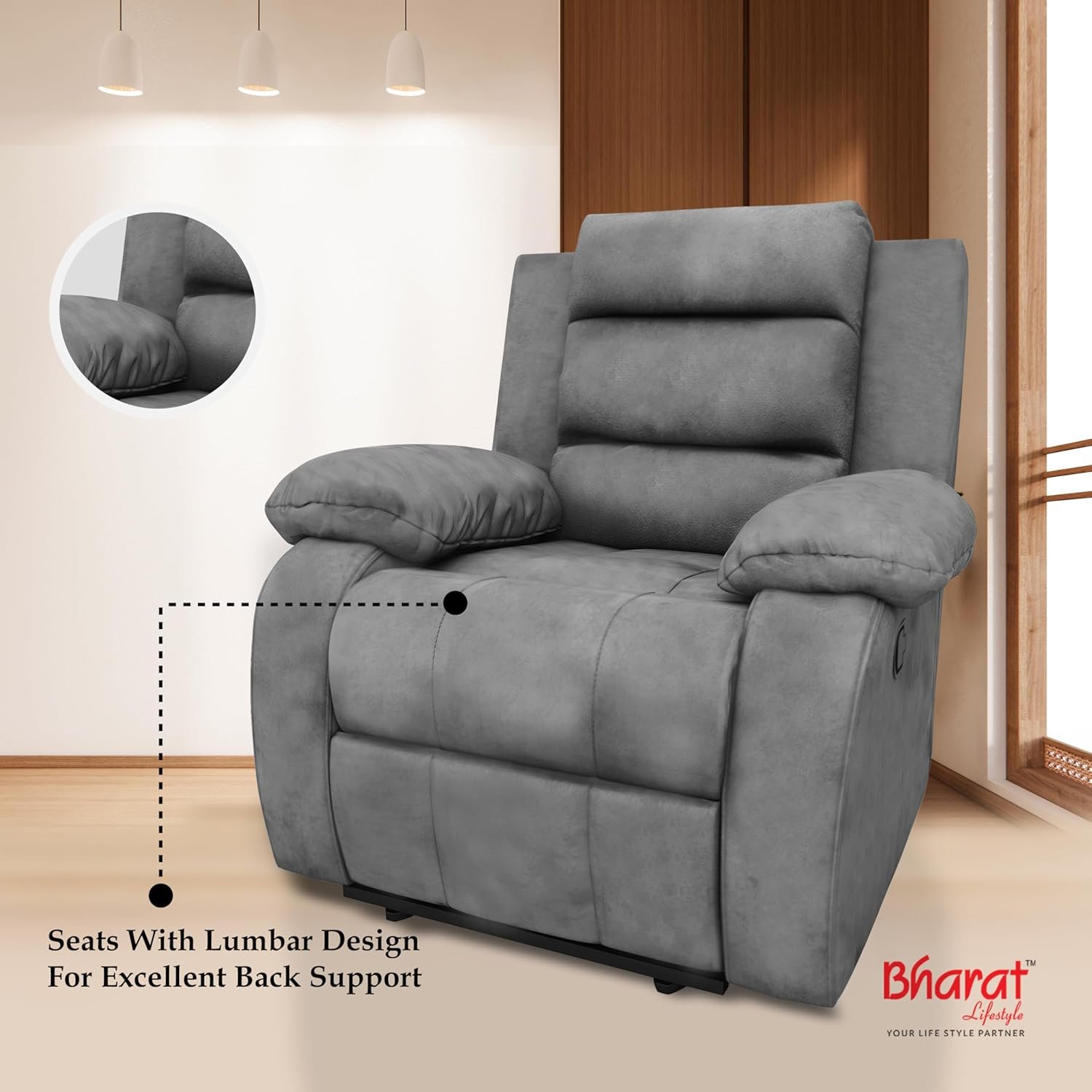 Bharat Lifestyle Austin Manual Recliner | 1 Seater Chair Sofa | Single Sofa Recliner| 3 Comfort Position | Wooden Frame | Suede Fabric | 1 Seater Recliner for Living Room Bedroom,1 Year Warranty, Grey - View 4