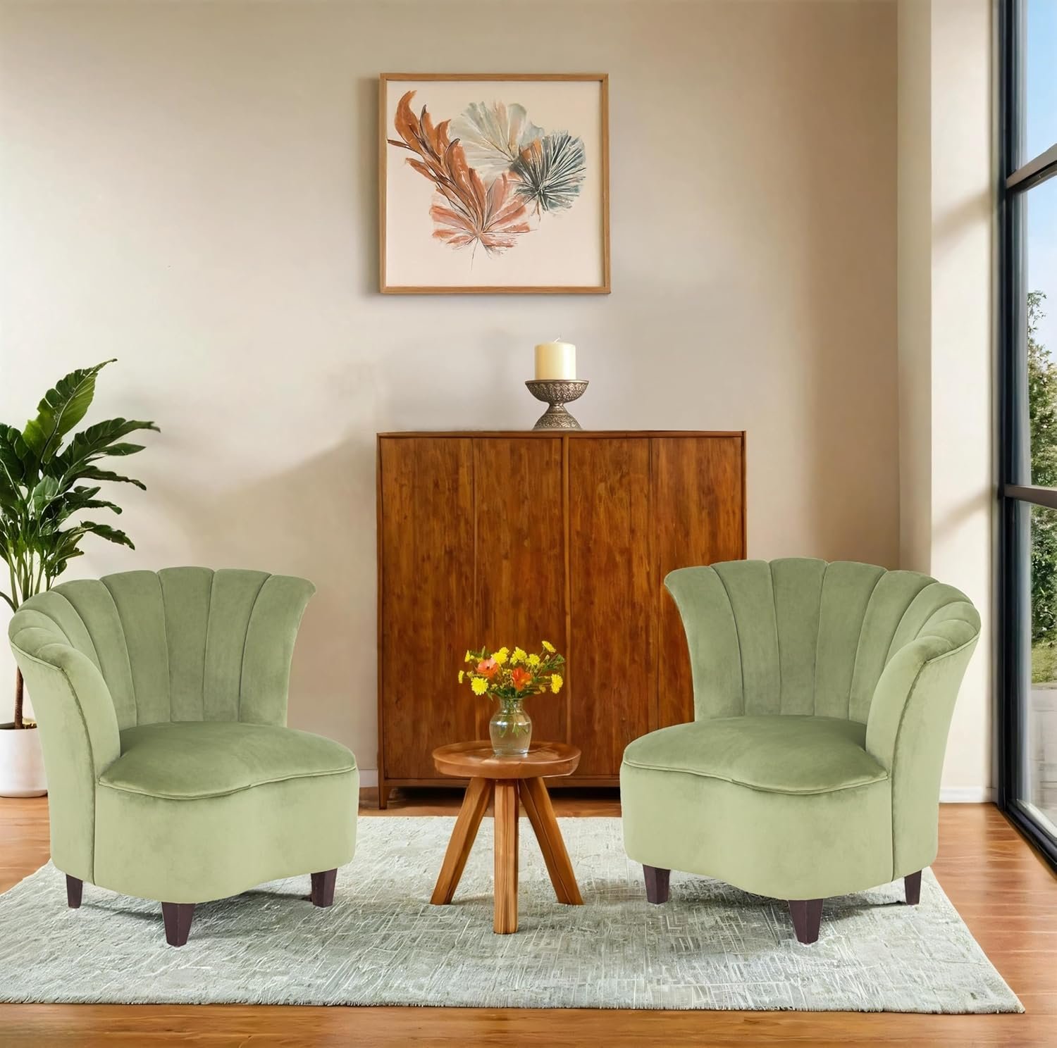 Peachtree Butterfly 1 Seater Chair for Living Room, Mango Wooden Frame & Sheesham Wood Leg | Velvet Fabric Chair for Dining Room | Single Seater Chair | No Armstyle |1 Year Warrranty (Set of 2, Green) - View 2