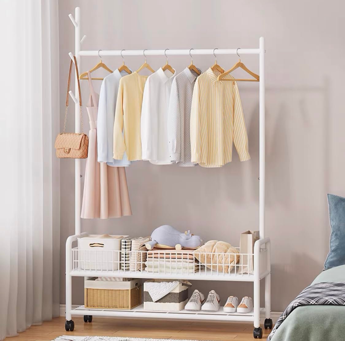 Lukzer | MGR-002 | White | Metal Cloth Stand & Garment Rack with Wheels, 2 Bottom Shelves & Single Rod – Space-Saving Clothes Organizer for Bedroom, Laundry, Entryway & More | 173 x 90 x 34 cm - View 3