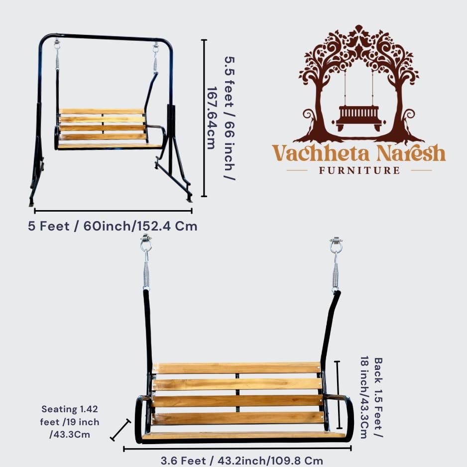 2-Seater Indoor & Outdoor Swing - Natural Wooden Polished (50kg) | Upper Pipe Swing Jhula for Home and Blacony with Sturdy Stand | Strong 300 Kg Capacity Heavy Metal Swing - View 4