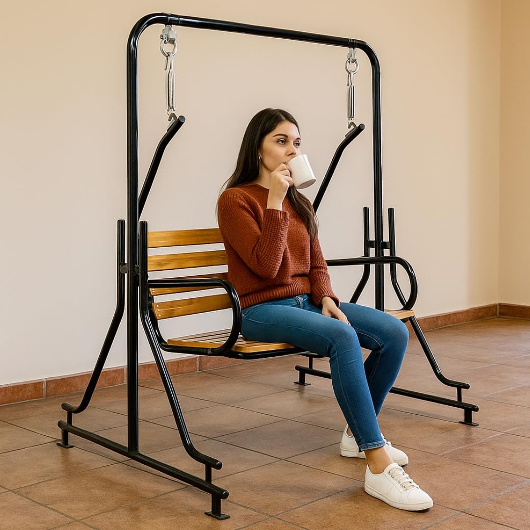 2-Seater Indoor & Outdoor Swing - Natural Wooden Polished (50kg) | Upper Pipe Swing Jhula for Home and Blacony with Sturdy Stand | Strong 300 Kg Capacity Heavy Metal Swing - View 3