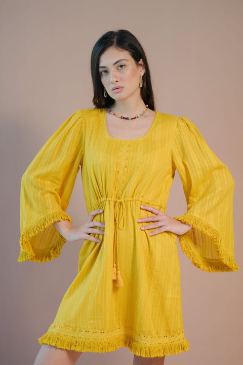 Oshin 100% Cotton Tie-Up Waist Bell Sleeve Dress - View 2